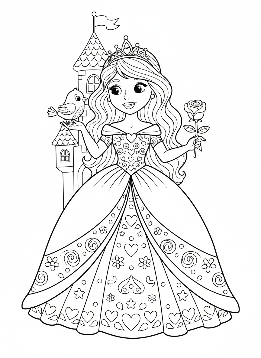 Enchanting Princess Coloring Page with a Friendly Bird and Castle - Princess Coloring Page featuring Children and Cute - Free Printable Outline Drawing for Kids