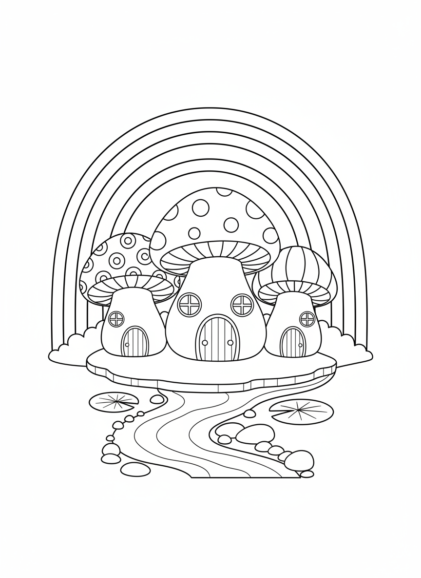 Zauberhaftes Regenbogen-Dorf Malvorlage für Kinder - Regenbogen Malvorlage mit Kinder und Pilzhaus - Kostenlose Druckbare Umrisszeichnung