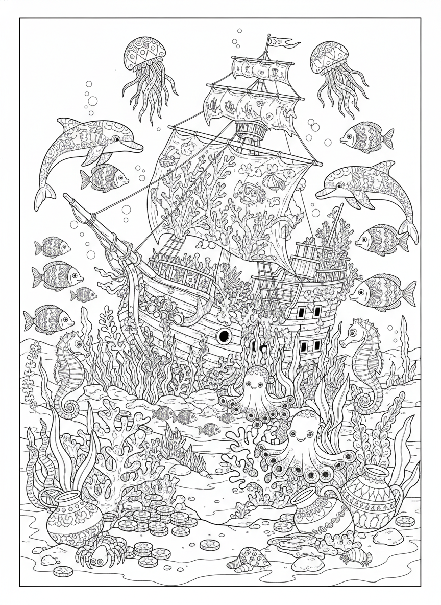 Aventuras Submarinas de Barcos Piratas: Página para Colorear - Animal Marino Dibujo para Colorear con Submarino y Detallado - Dibujo de Contorno Gratis Imprimible