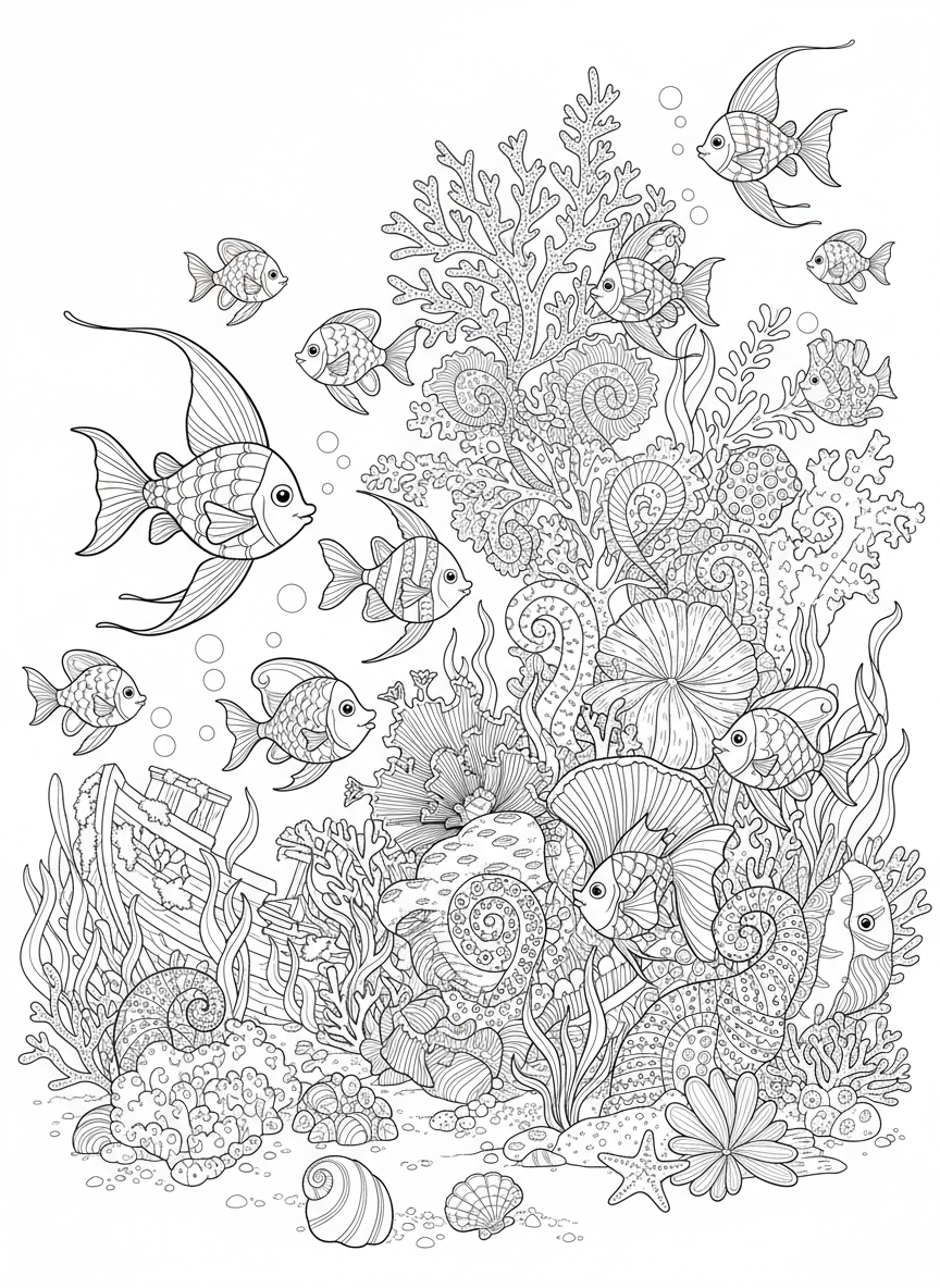 奇幻海底世界：兒童詳細海洋生物著色頁 - 海洋動物 著色頁 水下、詳細 - 免費可列印輪廓畫