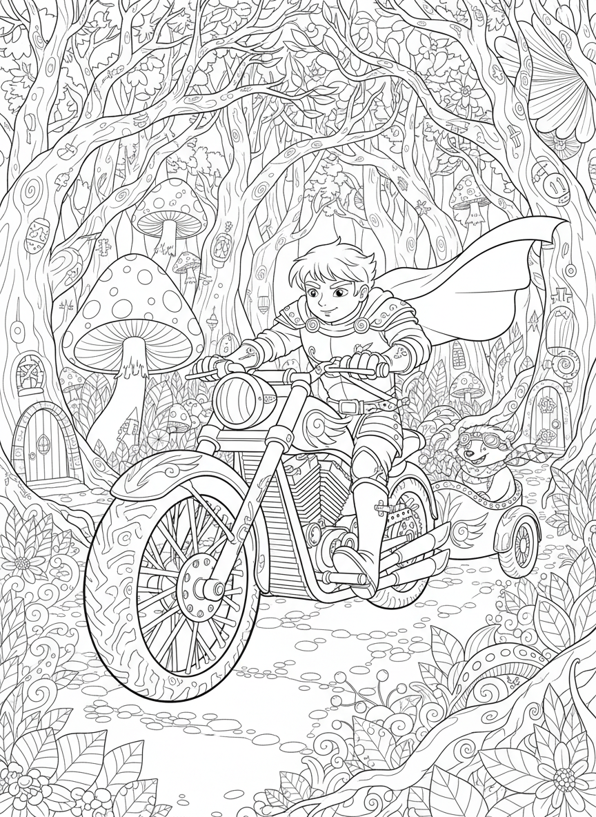 Aventura de Moto Épica na Floresta Encantada para Colorir - Motocicleta Desenho para Colorir com Fantasia e Detalhado - Desenho de Contorno Grátis Imprimível