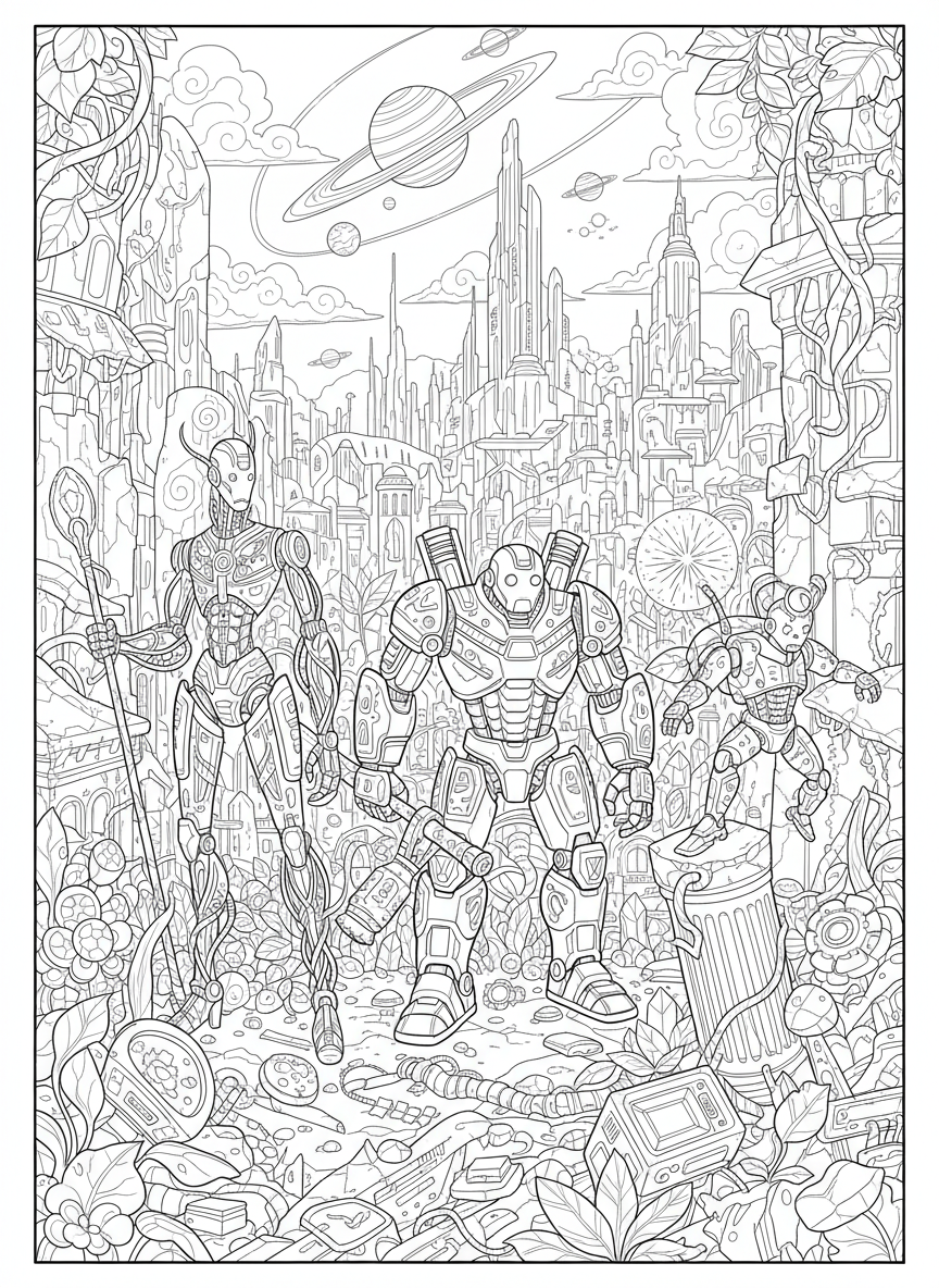 Epic Robot Adventure in Ancient Futuristic Ruins Coloring Page - Robot Coloring Page featuring Fantasy and City - Free Printable Outline Drawing for Kids