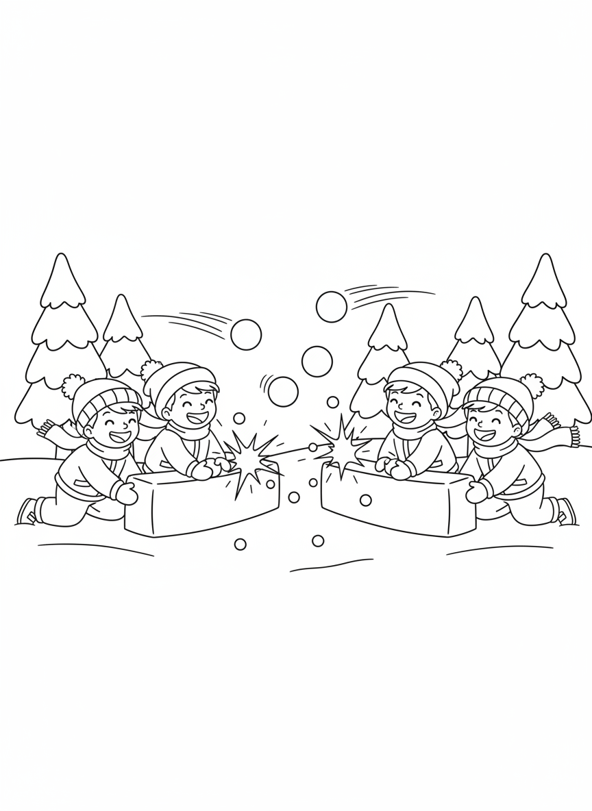 Epic Snowball Fight Fun Coloring Page - Winter Coloring Page featuring Snow and Seasonal - Free Printable Outline Drawing for Kids