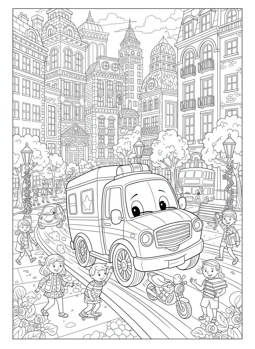 Course d'Ambulance Excitante en Ville Animée – Page de Coloriage Détaillée pour Enfants - Ambulance Coloriage avec Enfants et Détaillé - Dessin au Trait Gratuit Imprimable