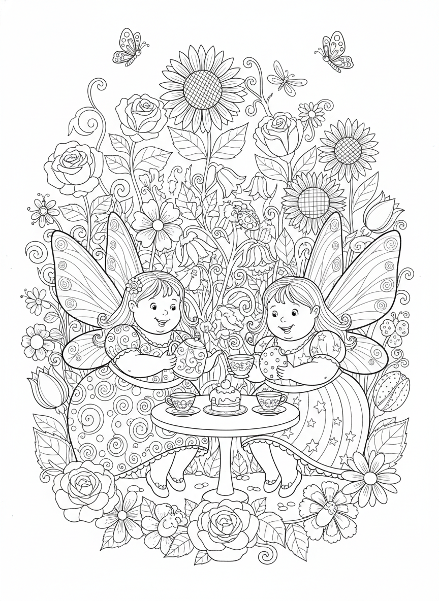 Fairy Tea Party in a Magical Flower Garden Coloring Page for Kids - Fairy Coloring Page featuring Nature and Children - Free Printable Outline Drawing for Kids