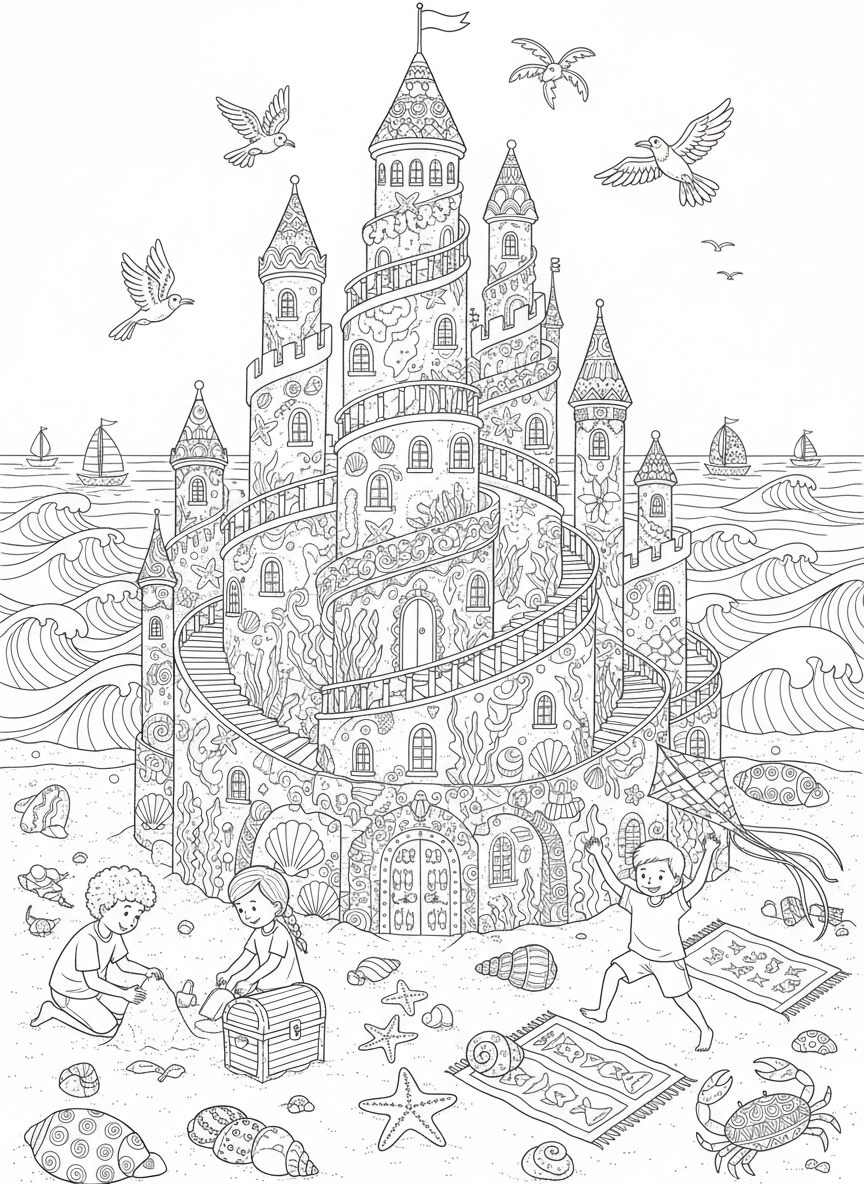 Fantastical Sandcastle Beach Adventure: A Detailed Coloring Page for Kids - Children Playing Coloring Page featuring Detailed and Sandcastle - Free Printable Outline Drawing for Kids