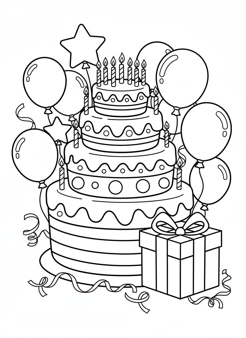 Page de coloriage Fête d'Anniversaire Joyeuse : Gâteau, Ballons et Cadeaux - Anniversaire Coloriage avec Festif et Heureux - Dessin au Trait Gratuit Imprimable