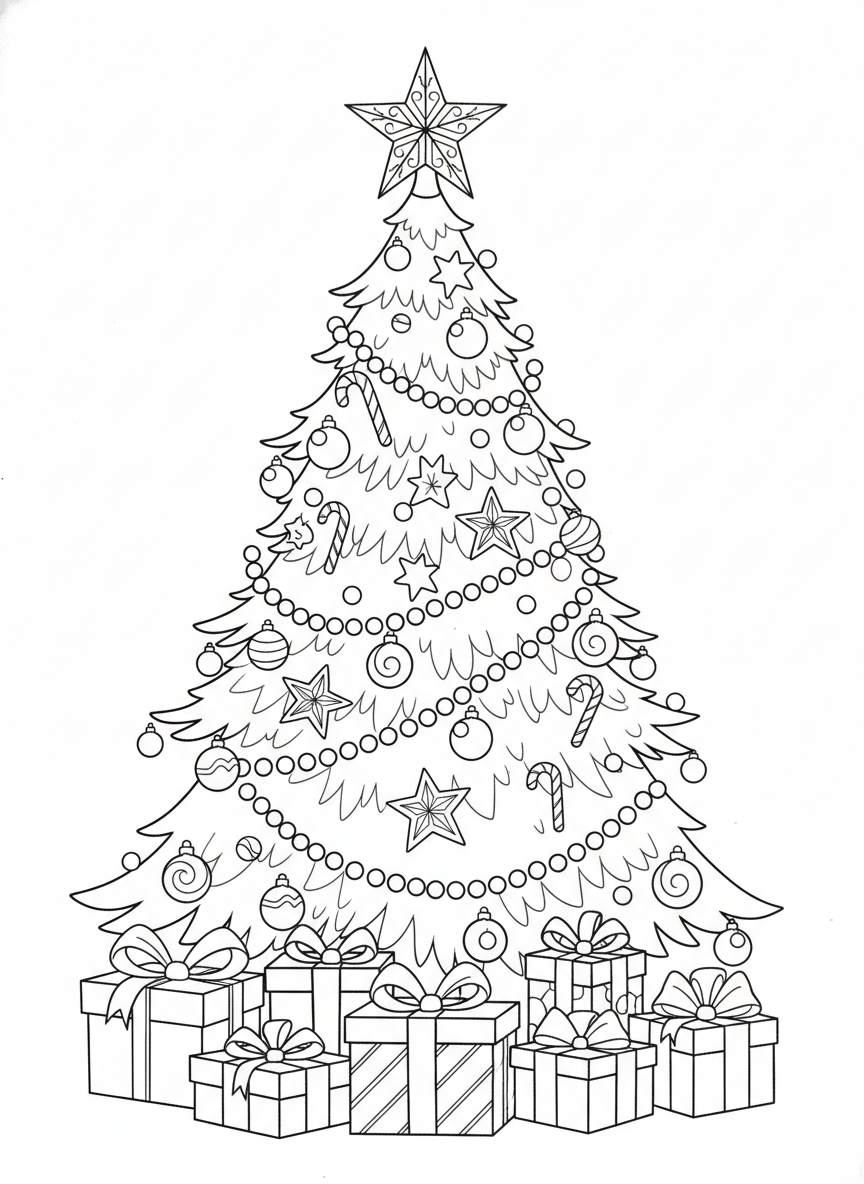Festive Christmas Tree Coloring Page for Kids - Christmas Coloring Page featuring Christmas and Festive - Free Printable Outline Drawing for Kids