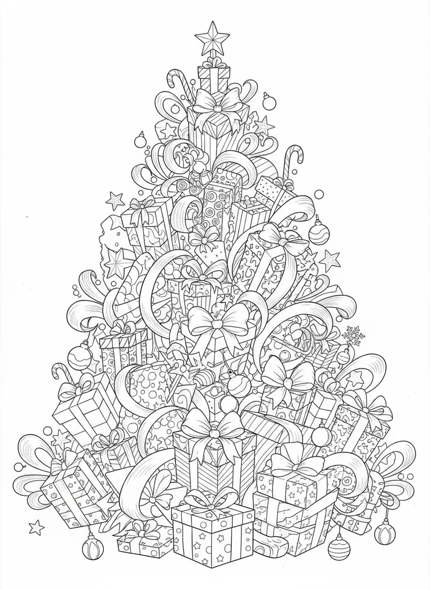 Página de Colorir: Árvore de Natal Festiva e Encantadora - Natal Desenho para Colorir com Árvore de Natal e Crianças - Desenho de Contorno Grátis Imprimível