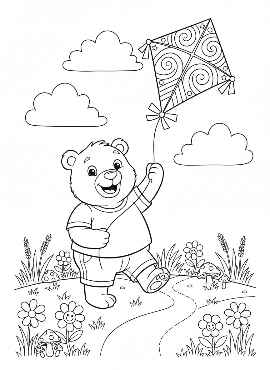 Flying Bear Kite Adventure: Fun Coloring Page for Kids - Bear Coloring Page featuring Nature and Children - Free Printable Outline Drawing for Kids