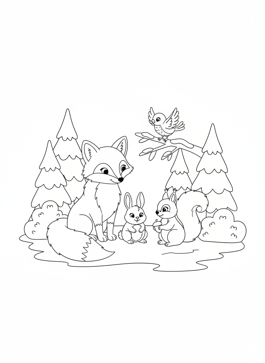Forest Animals Winter Gathering Coloring Page - Winter Coloring Page featuring Snow and Seasonal - Free Printable Outline Drawing for Kids