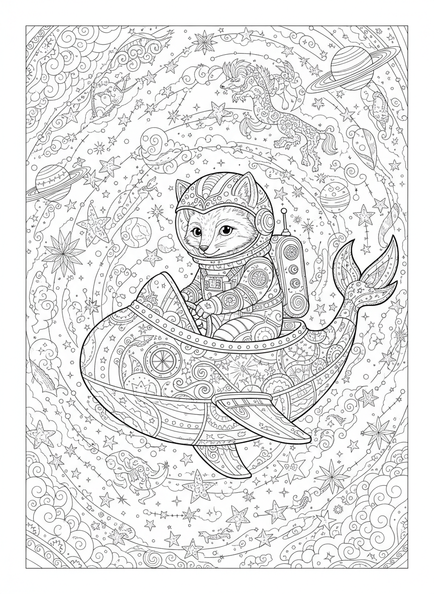 Fox Astronaut's Whimsical Space Adventure Coloring Page for Kids - Fox Coloring Page featuring Whimsical Fantasy and Highly Detailed - Free Printable Outline Drawing for Kids