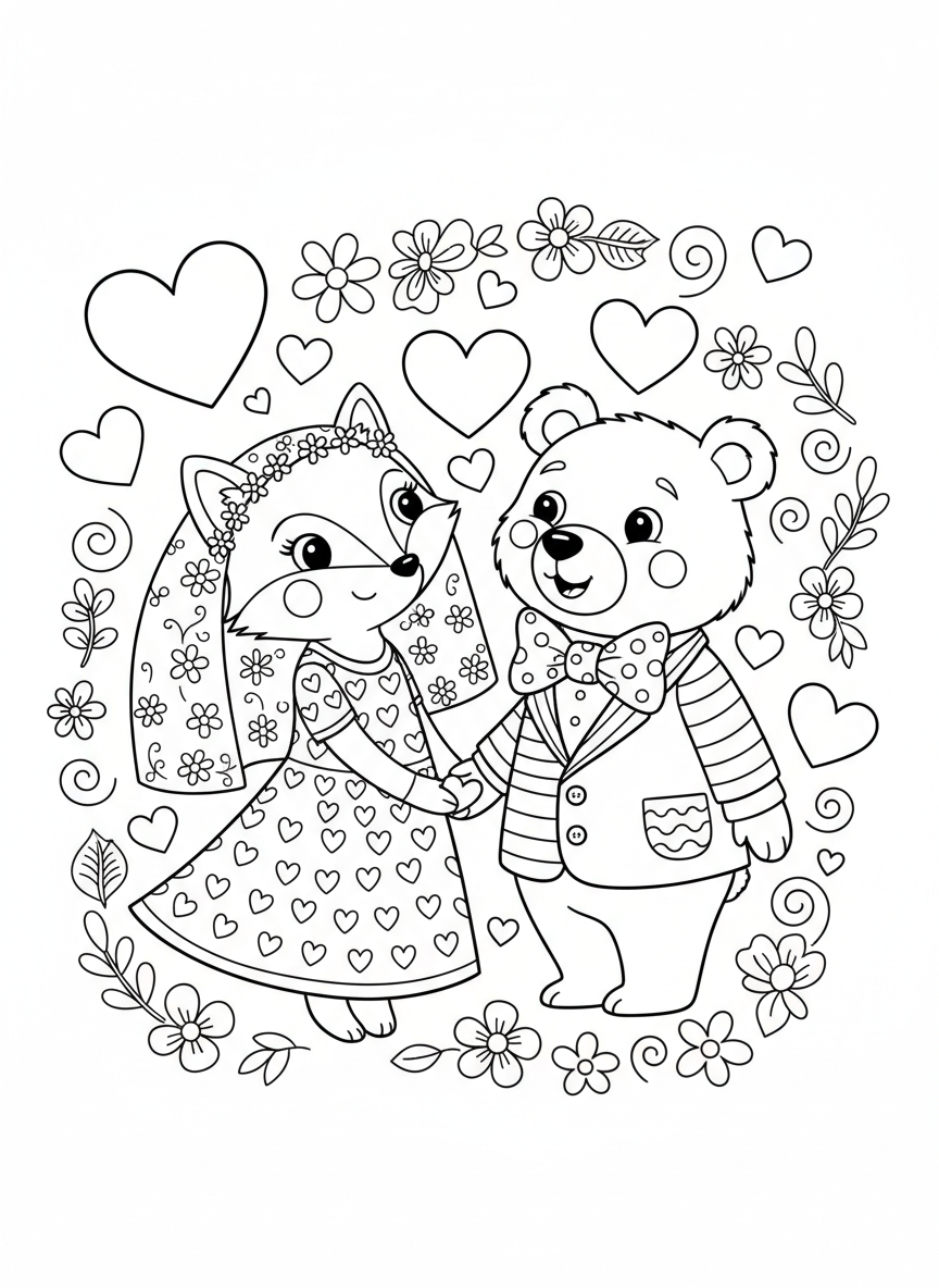 Fox Bride and Bear Groom Wedding Coloring Page for Kids - Wedding Coloring Page featuring Children and Cute - Free Printable Outline Drawing for Kids