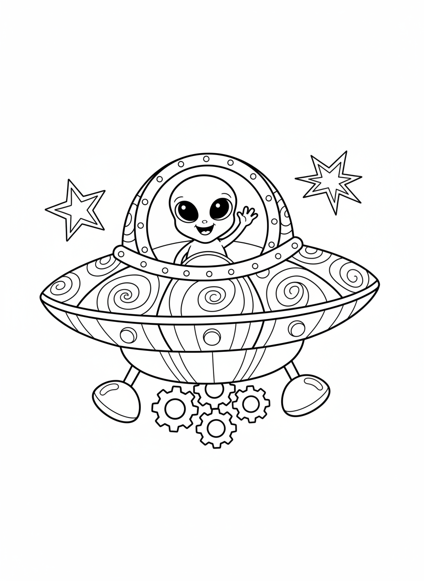 Friendly Alien in Flying Saucer Kids Coloring Page - Space Character Coloring Page featuring Cute and Friendly Alien - Free Printable Outline Drawing for Kids