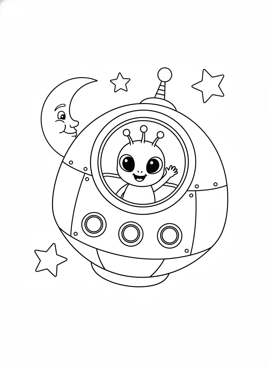 Piloto Alienígena Amigável em Nave Espacial: Página para Colorir - Personagem Espacial Desenho para Colorir com Crianças e Fofo - Desenho de Contorno Grátis Imprimível