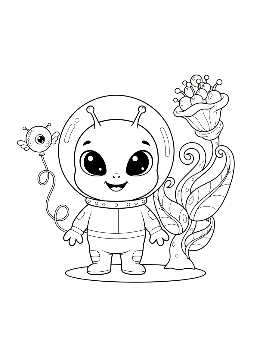 Friendly Alien & Whimsical Plant Kids' Coloring Page - Space Character Coloring Page featuring Children and Cute - Free Printable Outline Drawing for Kids