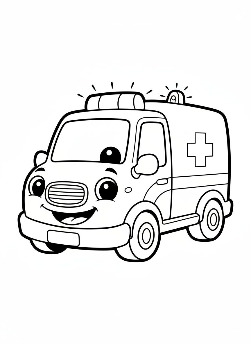 Ambulância Sorridente: Página Fácil de Colorir para Crianças - Ambulância Desenho para Colorir com Fácil de Colorir e Fofo - Desenho de Contorno Grátis Imprimível