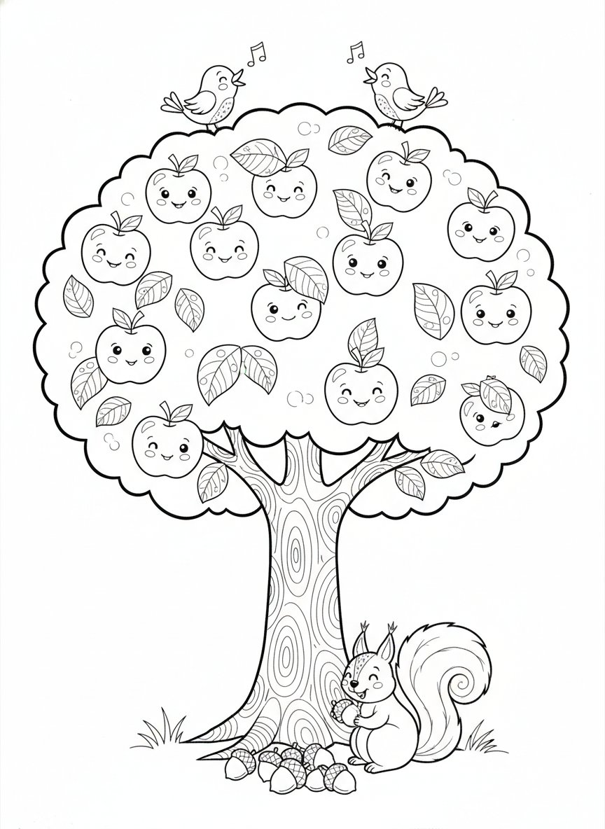 笑顔のリンゴの木と森の仲間たち：キッズ塗り絵 - 森林 ぬりえページ 自然と子供 - 無料印刷可能な輪郭画