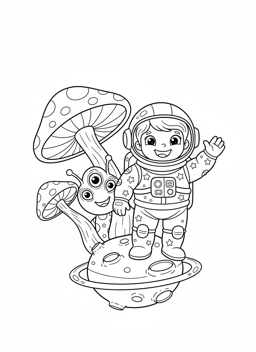 Astronaute Amical et Alien sur Planète Fantaisiste à Colorier - Personnage Spatial Coloriage avec Mignon et Espace - Dessin au Trait Gratuit Imprimable