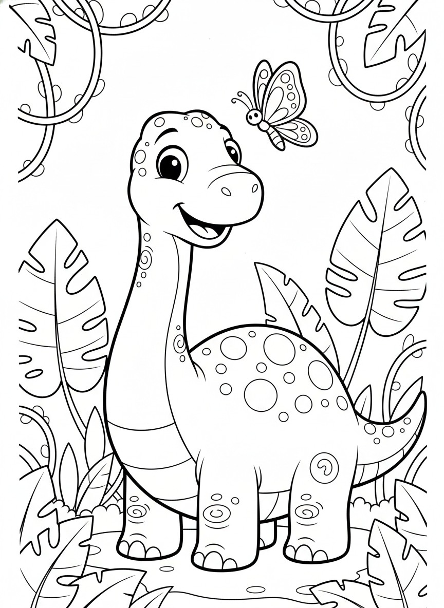 Página para Colorear: Amigable Bebé Brontosaurio en la Selva - Dinosaurio Dibujo para Colorear con Dinosaurio y Fácil de colorear - Dibujo de Contorno Gratis Imprimible