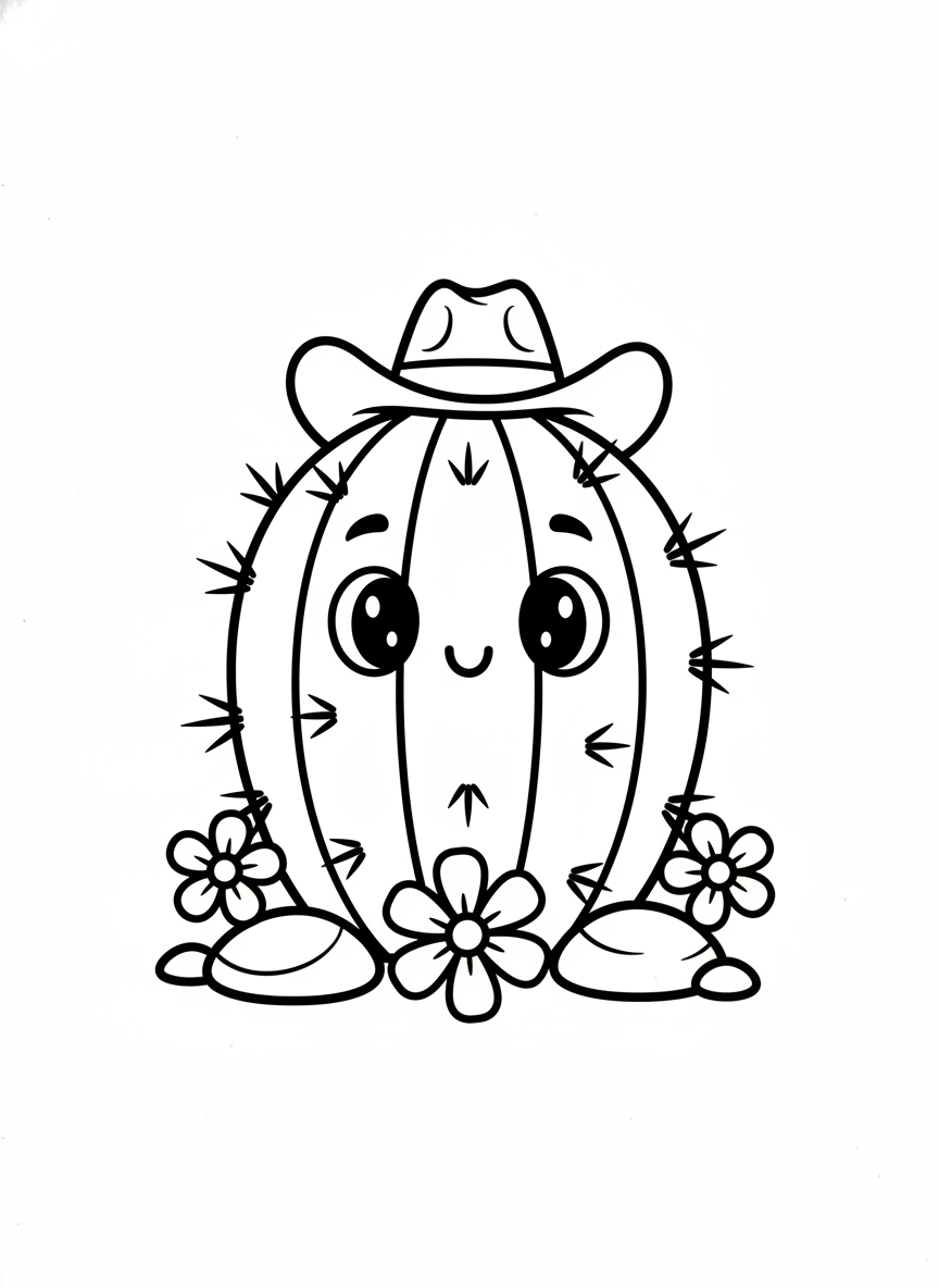 Página para Colorir de Cacto Barril Amigável - Cacto Desenho para Colorir com Crianças e Fofo - Desenho de Contorno Grátis Imprimível