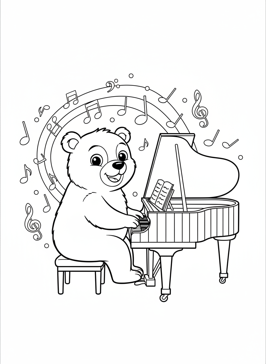友善熊貓彈鋼琴兒童著色頁 - 熊 著色頁 易於著色、兒童 - 免費可列印輪廓畫