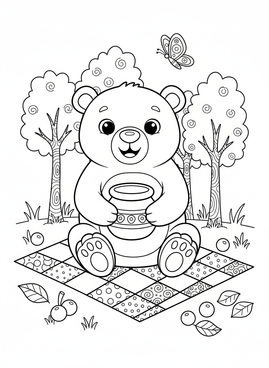 Friendly Bear Picnic Fun Coloring Page for Kids - Bear Coloring Page featuring Picnic and Children - Free Printable Outline Drawing for Kids
