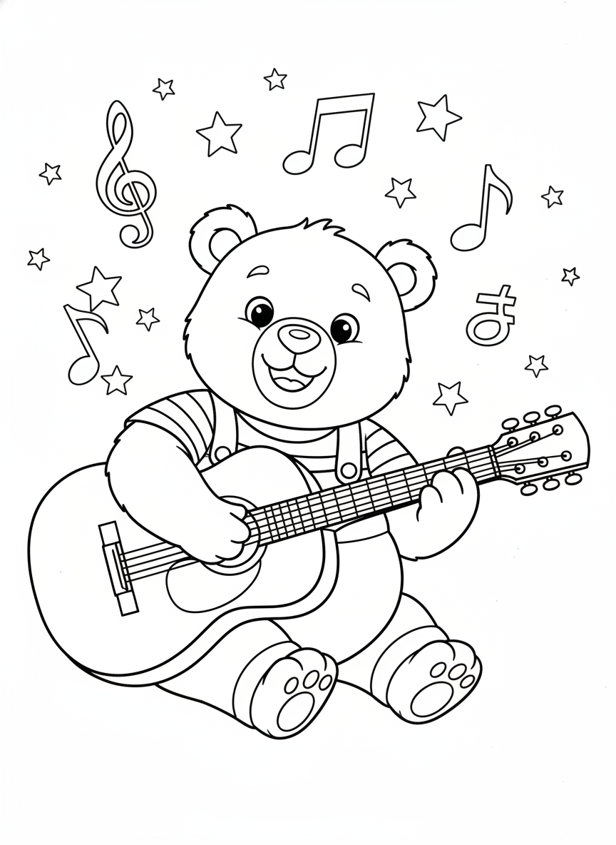 Friendly Bear Playing Guitar: Kids' Coloring Page Fun - Bear Coloring Page featuring Happy and Children - Free Printable Outline Drawing for Kids