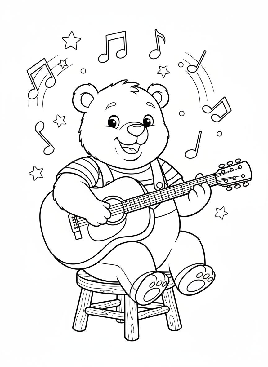 ギターを弾くフレンドリーなクマ：子供向け楽しい塗り絵 - クマ ぬりえページ 子供とかわいい - 無料印刷可能な輪郭画
