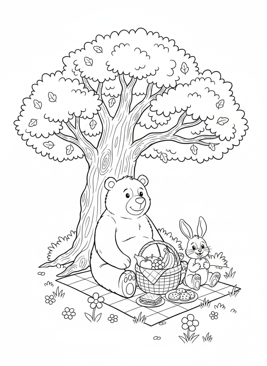 Friendly Bear & Rabbit Picnic Coloring Page for Kids - Friends Coloring Page featuring Friendship and Nature - Free Printable Outline Drawing for Kids