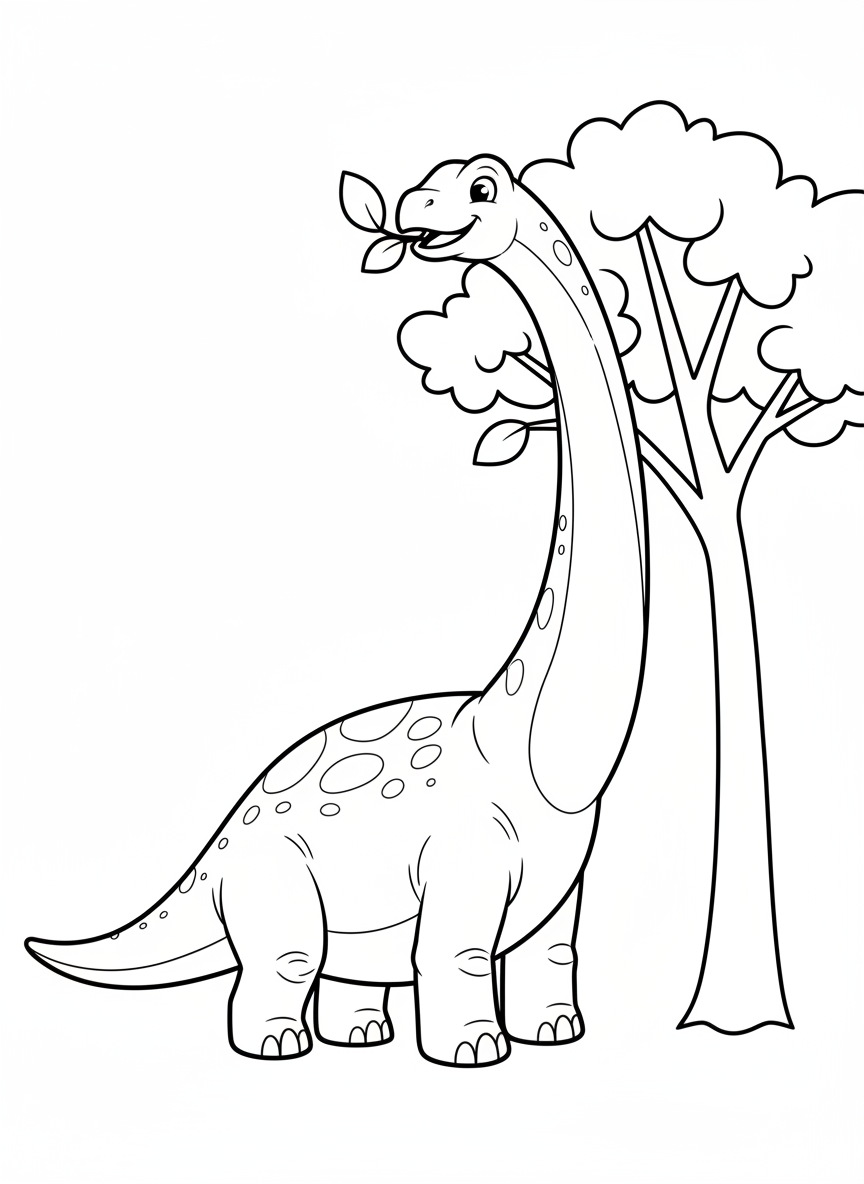 Página de Colorir Amigável de Braquiossauro para Crianças - Dinossauro Desenho para Colorir com Dinossauro e Crianças - Desenho de Contorno Grátis Imprimível