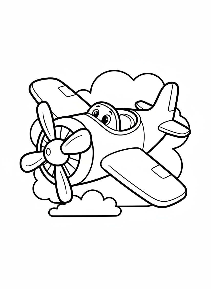 Friendly Cartoon Airplane Coloring Page for Kids - Airplane Coloring Page featuring Flying and Kids - Free Printable Outline Drawing for Kids
