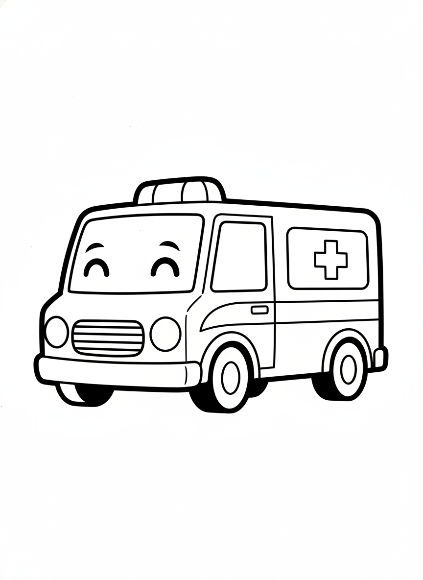 Friendly Cartoon Ambulance Coloring Page for Kids - Ambulance Coloring Page featuring Easy to Color and Children - Free Printable Outline Drawing for Kids
