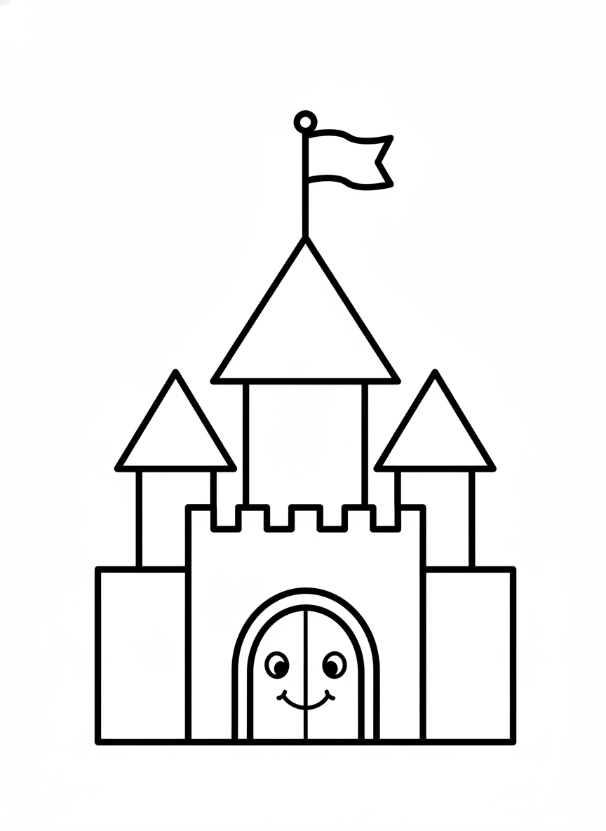 Friendly Cartoon Castle Coloring Page for Kids - Castle Coloring Page featuring Children and Cute - Free Printable Outline Drawing for Kids