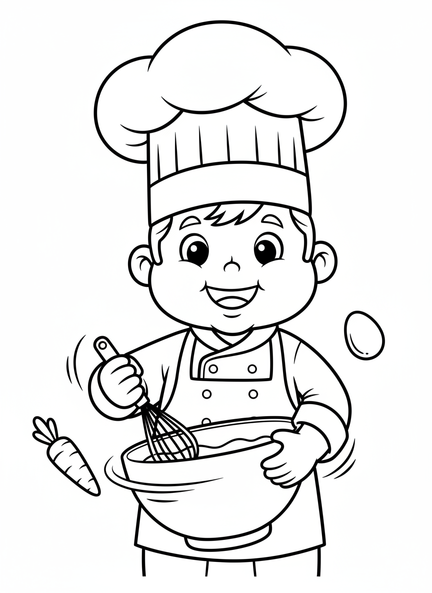 Friendly Cartoon Chef Whisking Fun Coloring Page - Occupation Coloring Page featuring Happy and Children - Free Printable Outline Drawing for Kids