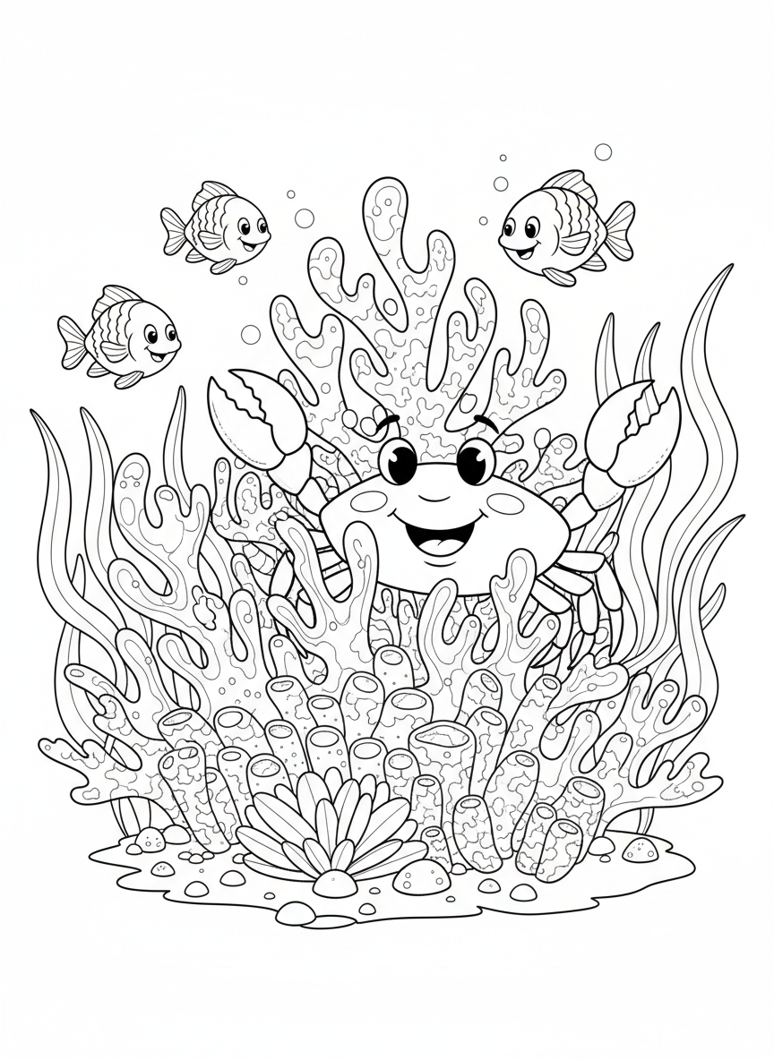 楽しい海の冒険：かわいいカニの塗り絵 - 海の動物 ぬりえページ 子供とかわいい - 無料印刷可能な輪郭画
