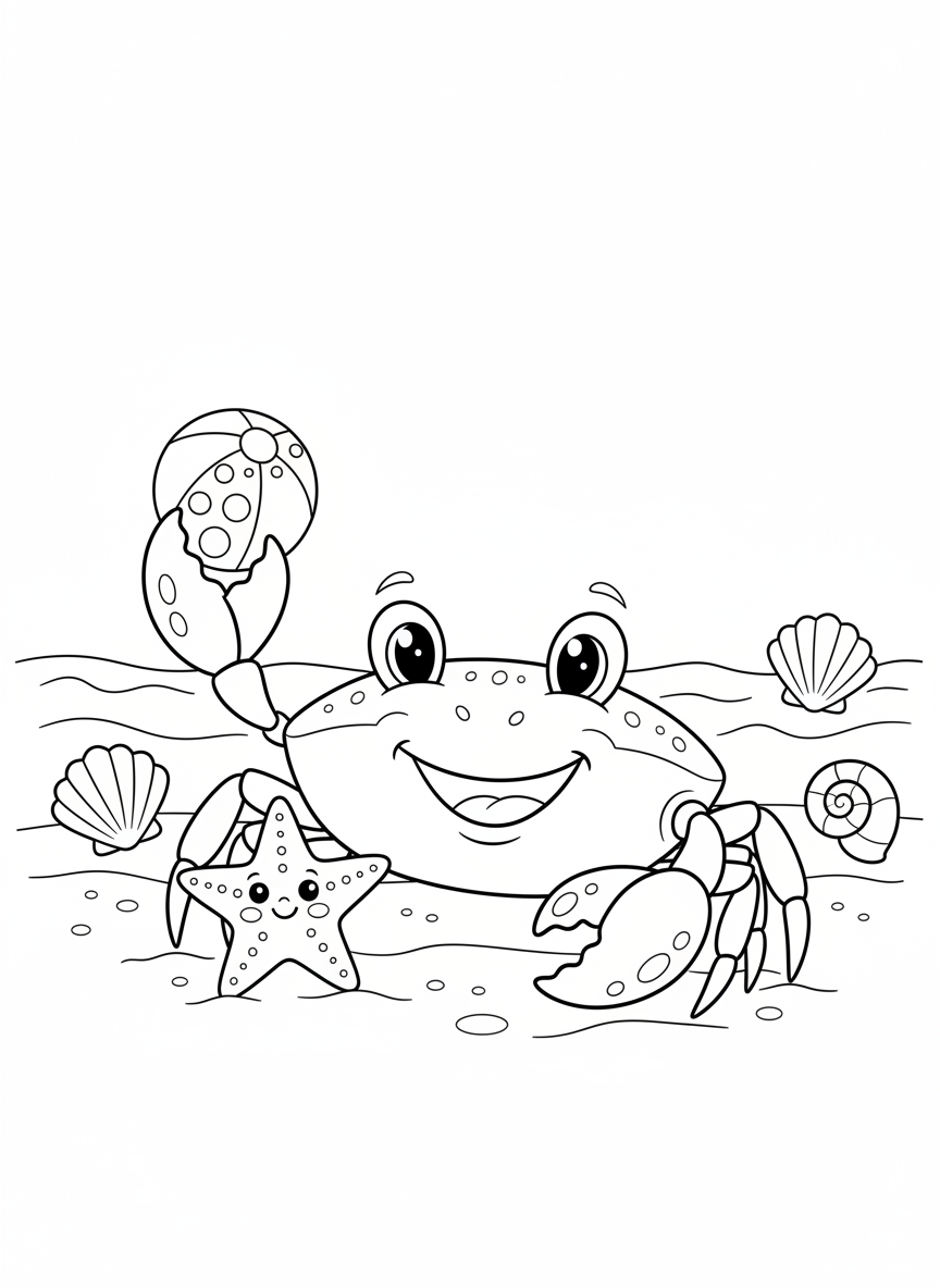 Friendly Cartoon Crab Fun on the Beach Coloring Page for Kids - Ocean Animal Coloring Page featuring Ocean and Children - Free Printable Outline Drawing for Kids