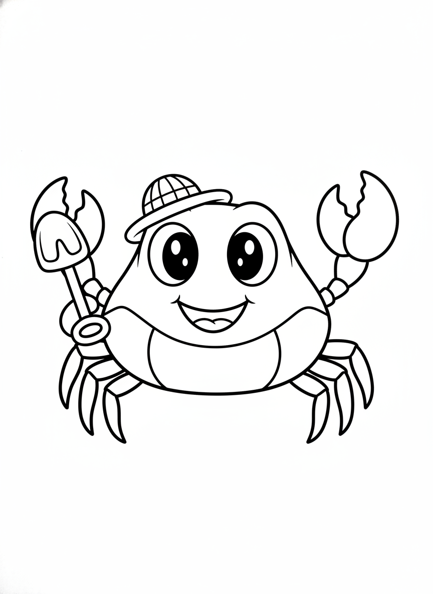 Friendly Cartoon Crab with Sunhat Coloring Page for Kids - Crab Coloring Page featuring Ocean and Friendly - Free Printable Outline Drawing for Kids