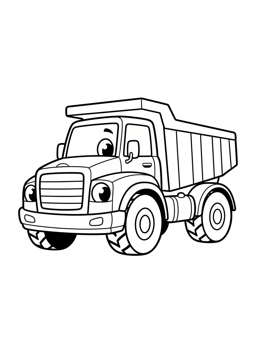 Friendly Cartoon Dump Truck Coloring Page for Kids - Construction Vehicle Coloring Page featuring Children and Cute - Free Printable Outline Drawing for Kids