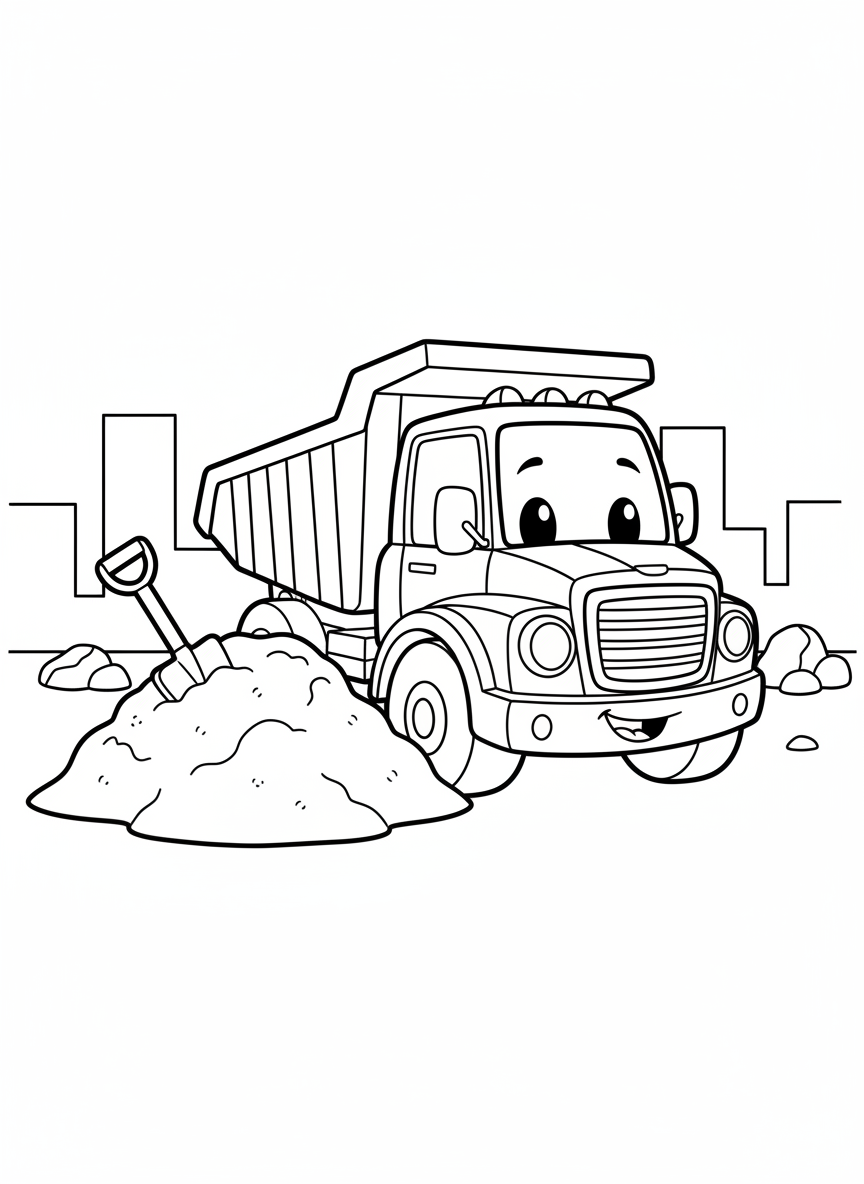 Friendly Cartoon Dump Truck Coloring Page: Kids' Construction Fun - Construction Vehicle Coloring Page featuring Truck and Construction - Free Printable Outline Drawing for Kids