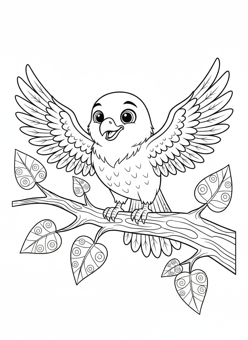 Falcão de Desenho Animado Amigável no Galho - Página de Colorir Infantil - Pássaro Desenho para Colorir com Fácil de Colorir e Natureza - Desenho de Contorno Grátis Imprimível