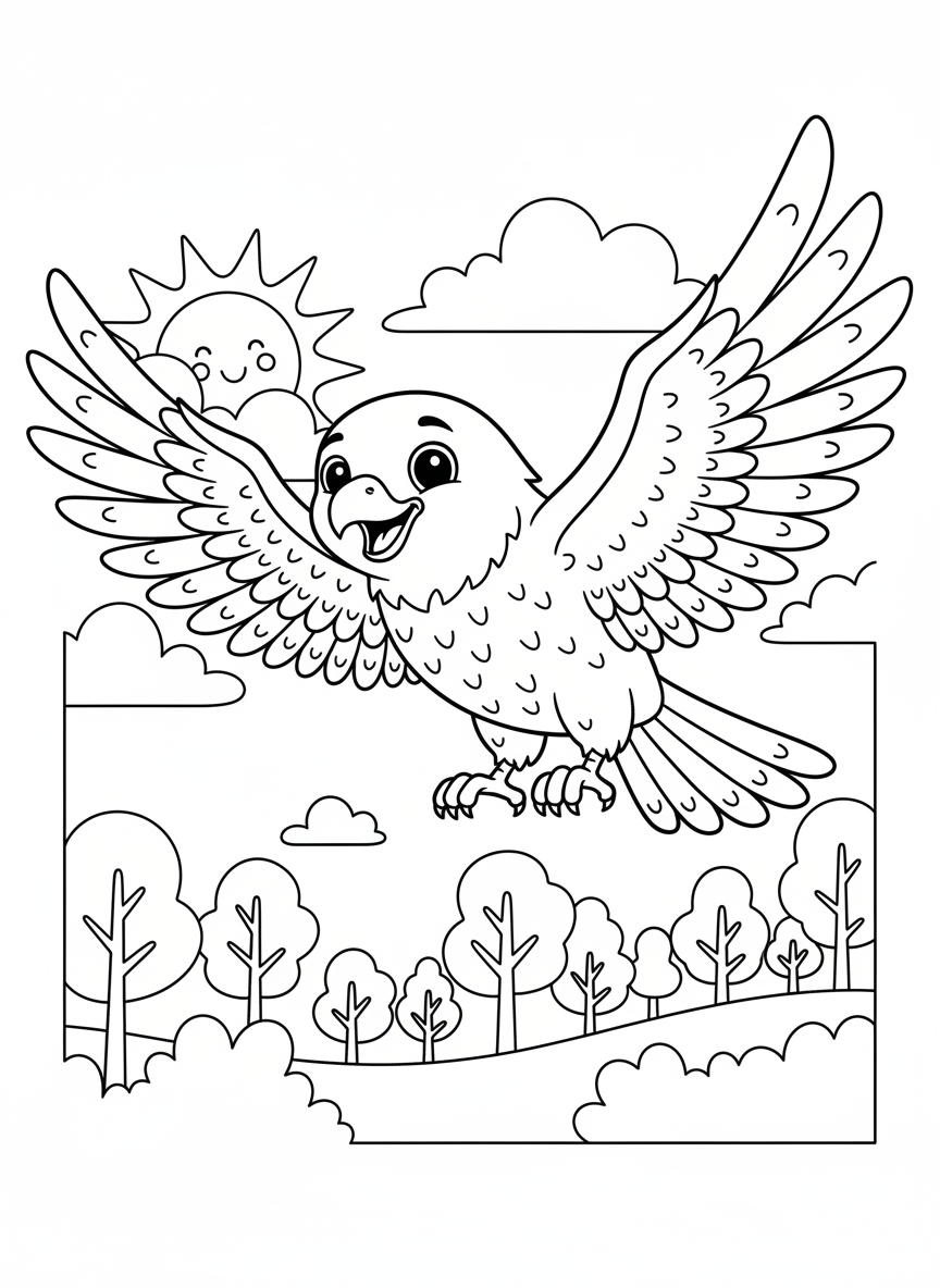 Friendly Cartoon Hawk Soars Over Forest - Kids Coloring Page Fun - Bird Coloring Page featuring Friendly and Forest - Free Printable Outline Drawing for Kids
