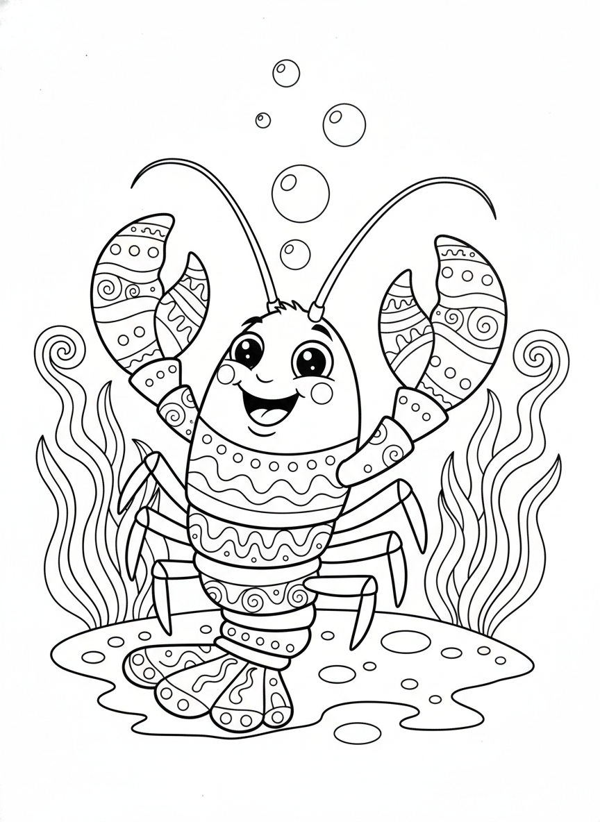 Friendly Cartoon Lobster Coloring Page for Kids - Ocean Animal Coloring Page featuring Children and Cute - Free Printable Outline Drawing for Kids