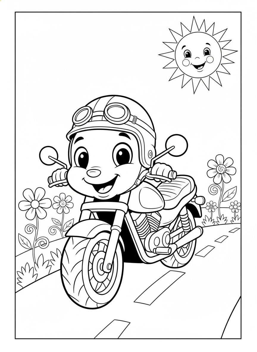 Friendly Cartoon Motorcycle Adventure Coloring Page for Kids - Motorcycle Coloring Page featuring Cute and Motorcycle - Free Printable Outline Drawing for Kids