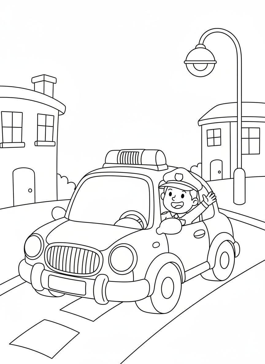 Friendly Cartoon Police Car Coloring Page for Kids - Police Car Coloring Page featuring Easy to Color and Cute - Free Printable Outline Drawing for Kids