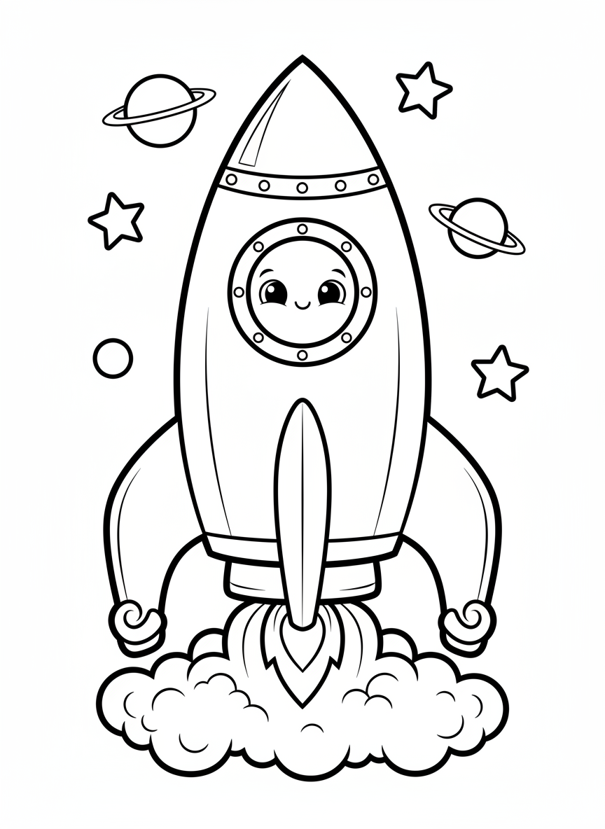 Friendly Cartoon Rocket Ship Coloring Page for Kids - Space Rocket Coloring Page featuring Children and Cute - Free Printable Outline Drawing for Kids