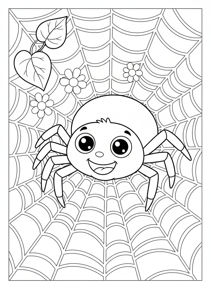 フレンドリーなクモの巣織り塗り絵 - クモ ぬりえページ 塗りやすいと自然 - 無料印刷可能な輪郭画