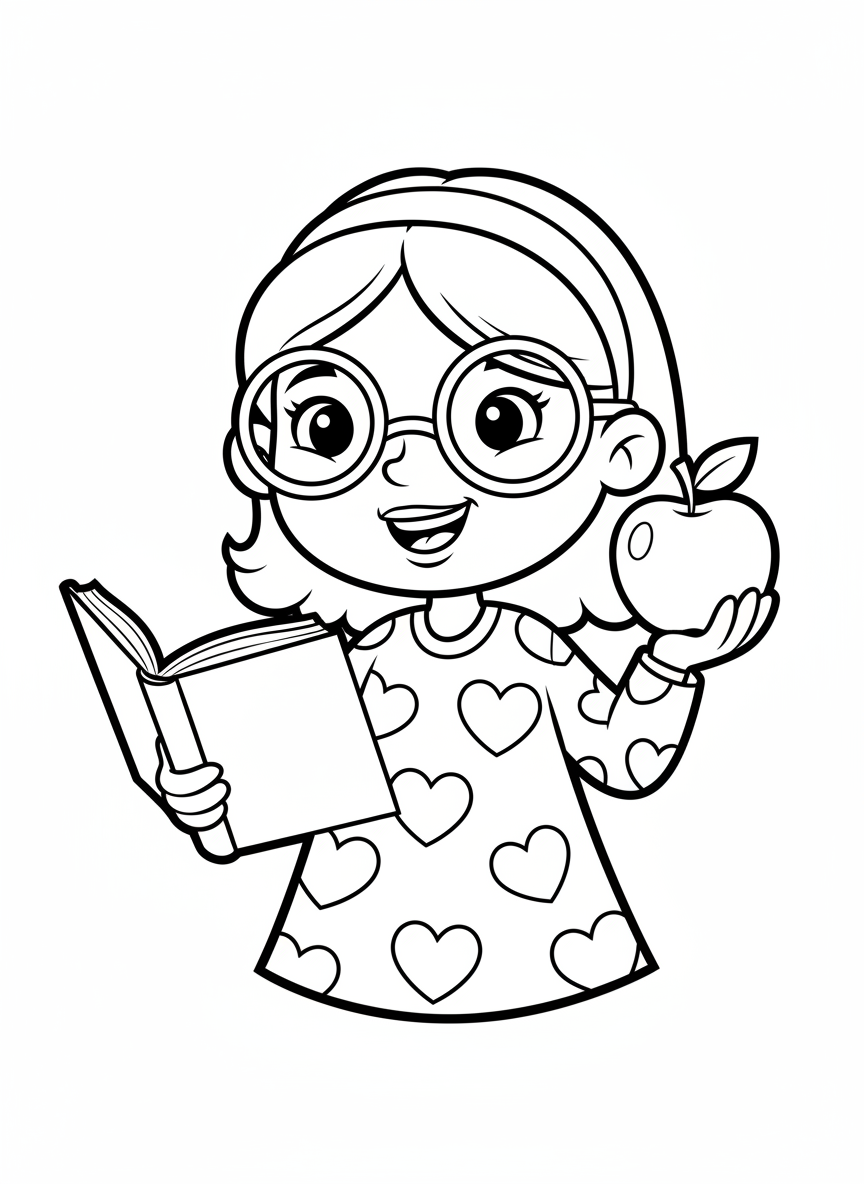Friendly Cartoon Teacher with Book & Apple Coloring Page - Occupation Coloring Page featuring Children and Cute - Free Printable Outline Drawing for Kids