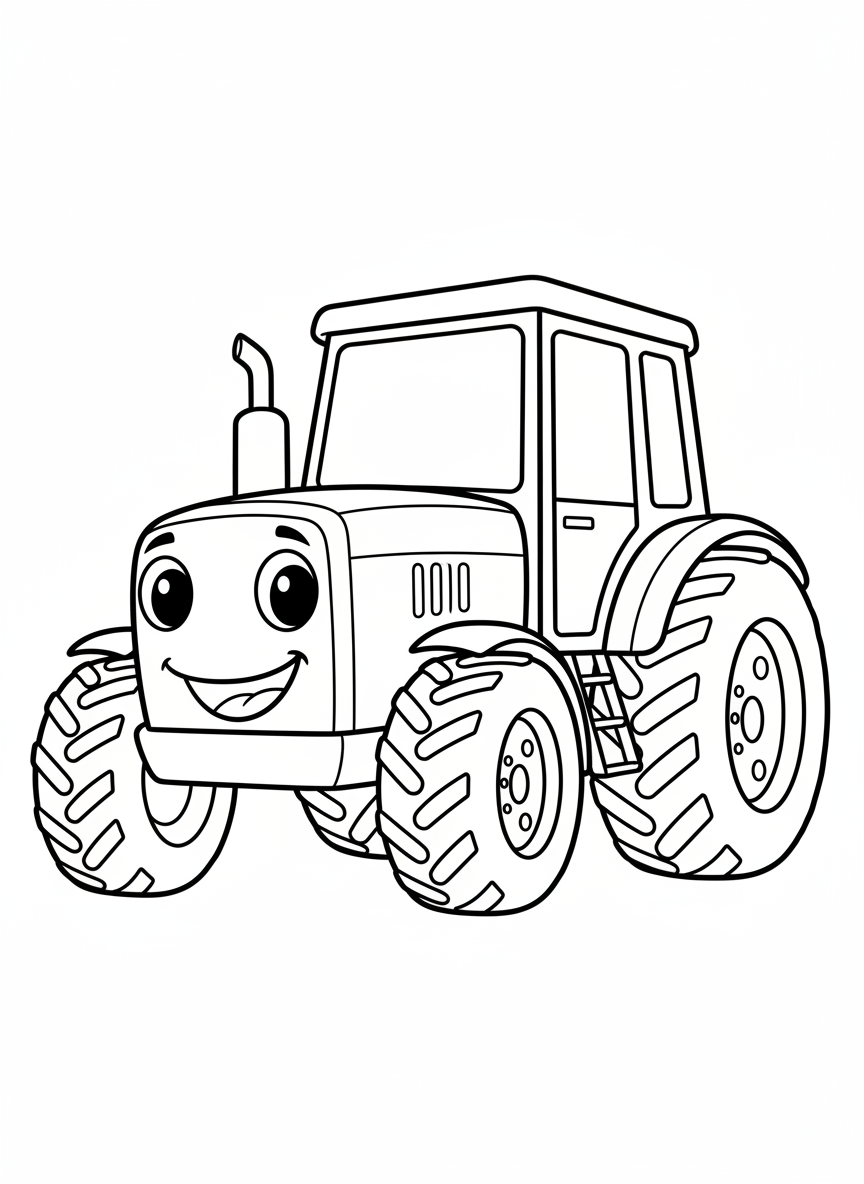 Friendly Cartoon Tractor Coloring Page for Preschool Kids - Construction Vehicle Coloring Page featuring Kids and Tractor - Free Printable Outline Drawing for Kids