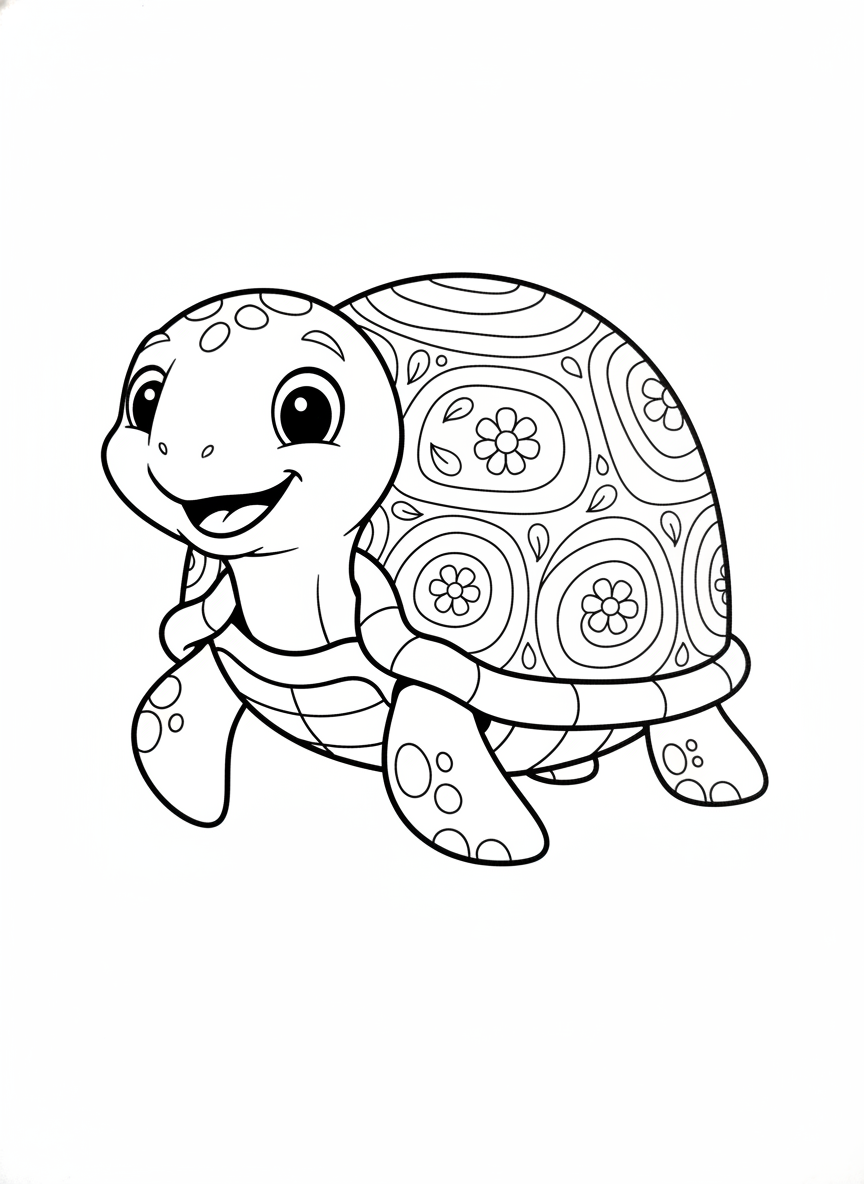 Friendly Cartoon Turtle Coloring Page with Nature Patterns - Ocean Animal Coloring Page featuring Easy to Color and Kids - Free Printable Outline Drawing for Kids